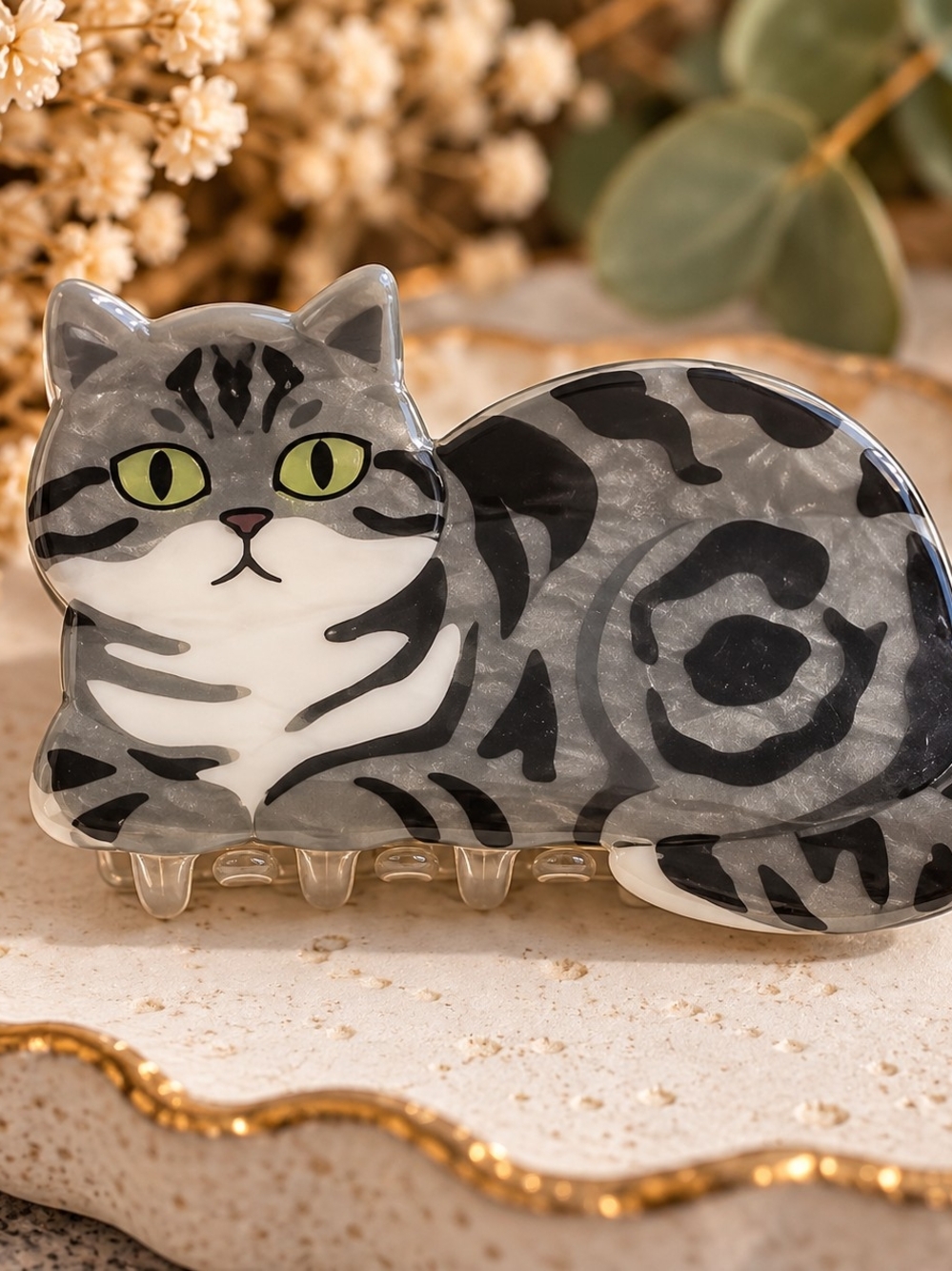 Gray Tabby Cat Hair Claw Clip Acetate New